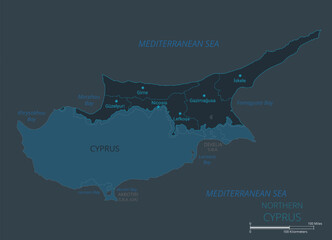 Northern Cyprus map. High detailed map of Northern Cyprus with countries, borders, cities, water objects. Vector illustration EPS10
