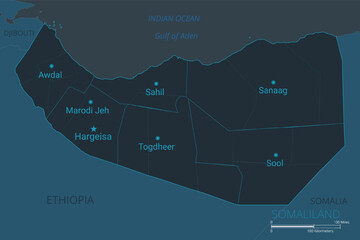 Somaliland map. High detailed map of Somaliland with countries, borders, cities, water objects. Vector illustration EPS10