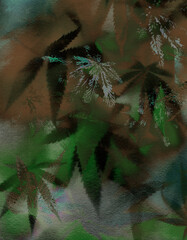 Texture of marijuana leaves. Ganja background. Cannabis leaf prints in pink colors - 691052569