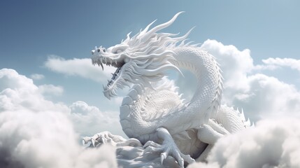 White dragon rising into the sky above the clouds, in the style of confucian ideology, rendered in maya, made of rubber, flickr, realistic forms, stylish,