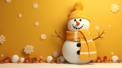 Paper snowman on a yellow background. Generative Ai.