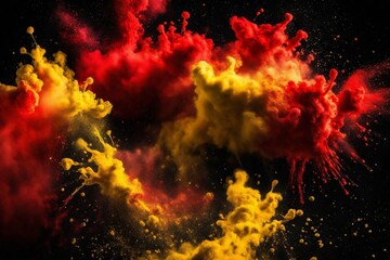 Fototapeta premium Red and yellow colored powder explosions on black background. Holi paint powder splash in colors of Spanish flag