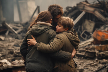 A mother and two children hugging and cryiyng in front of their destroyed home