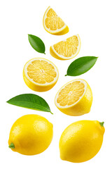 Lemon isolated set. Collection of lemons, halves and lemon slices with leaves on a transparent...
