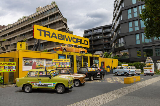 Berlin, Germany - July 24, 2023: Classic Trabant cars at museum Trabiworld in Berlin in Germany Europe.