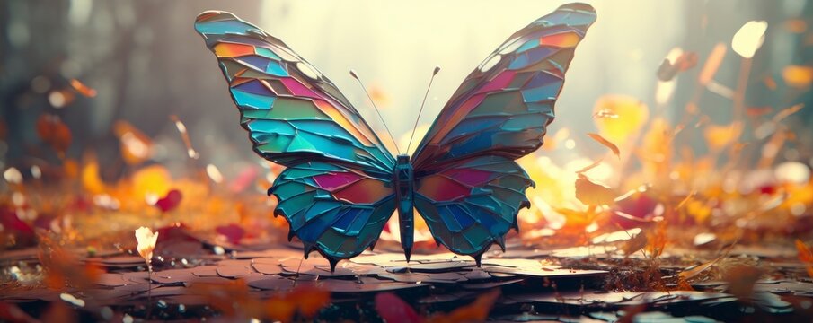 Fototapeta large stunningly beautiful fairy wings Fantasy abstract paint colorful butterfly sits on garden.The insect casts a shadow on nature.The insect has many geometric angles.3d, Generative AI 