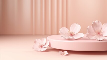 3D display, podium beige background. Pastel pink flower petals falling. . Nature minimal pedestal for beauty, cosmetic product presentation. Feminine copy space. Template stand., 