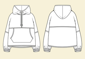 Hoodie with front zipper at the top. Unisex oversized sweatshirt. Vector technical sketch. Mockup template.