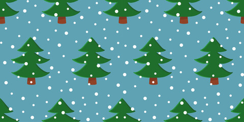 Christmas tree with snow on blue background, seamless pattern, vector