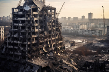 The city was destroyed by the raids. Cityscape in ruins, capturing the impact of destruction - obrazy, fototapety, plakaty