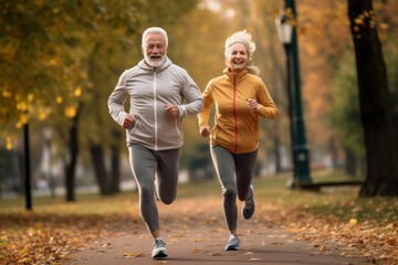 Retirement, couple and running fitness health for body and heart wellness with natural ageing. Married, mature and senior people enjoy nature run together for cardiovascular vitality workout. - obrazy, fototapety, plakaty