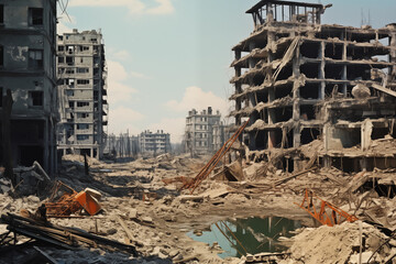 The modern city was destroyed by the raids. Cityscape in ruins, capturing the impact of destruction