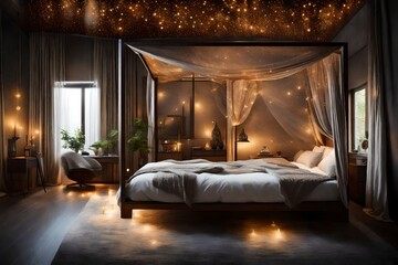 interior room luxurious design of the bedroom decorated with rainbow ceiling lights and aquarium ...