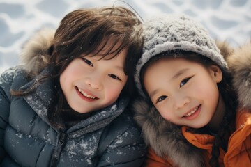 Fototapeta premium Portrait of two smiling siblings lying on snow, Two smiling kids in warm clothes are hugging in a snowy park. Winter walks, lifestyle