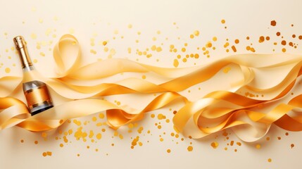 A bottle of champagne with golden streamers and ribbon on a beige background top view, Celebration...