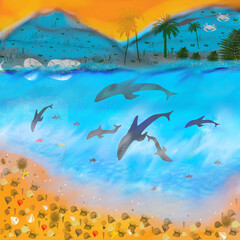 landscape with dolphins and sea at sunset