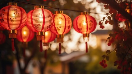 Fototapeta na wymiar Chinese paper red lanterns hang with garlands of ribbons and lamps at night in the yard