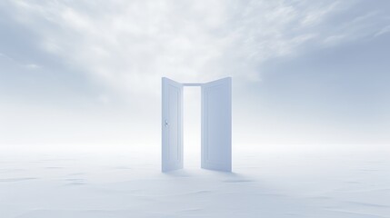 An open white door against a white background, in the style of alex andreev, unreal engine, - obrazy, fototapety, plakaty