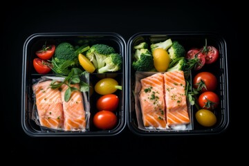 top view of lunch boxes with food rice, meat, salmon  vegetables and fruits centered on black background
