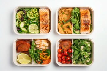 top view of lunch boxes with food rice, meat, salmon  vegetables and fruits centered on white background