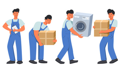 Moving service. Delivery service workers loading boxes and washing machine. Residential move logistics. Cartoon vector illustration set