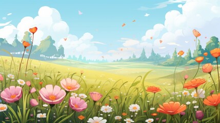 Blooming meadows cartoon landscape, sunny day.
