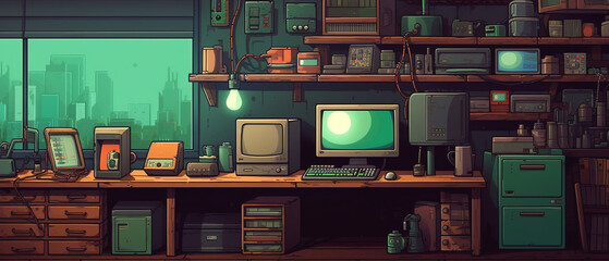 A retro-inspired digital pixel art background with a nostalgic or technological aesthetic.