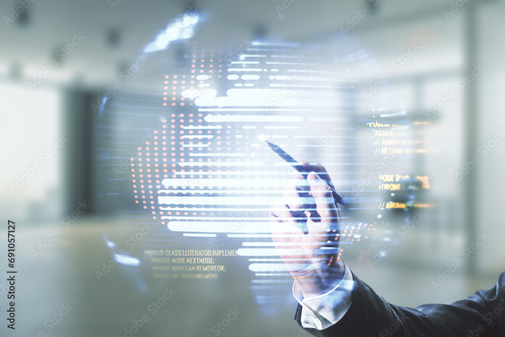 Poster double exposure of male hand with pen working with abstract programming language and world map on bl