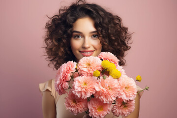 Naklejka premium Woman adult portrait attractive female caucasian woman young background fashionable beauty bouquet person
