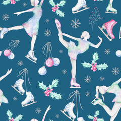 Ice skating watercolor seamless pattern. Winter. Christmas, New Year. Figure skating, winter sports, Christmas holidays. Blue background. For printing on packaging paper, fabric, textiles.