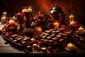 small chocolate in cubic form decorated on the table with roses placed on it chocolate abstract background 