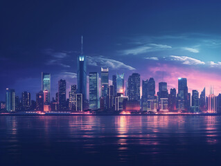 A stunning cityscape at dusk, with illuminated buildings casting a warm glow.