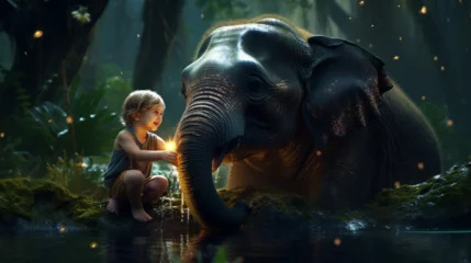 Zelfklevend Fotobehang 8K , highly detailed , ultra detailing , High realistic , Raw Photo , the Beauty ful baby elephant playing with a amazing baby monkey in a fabulous Jungle , amazing glowing background , awesome moment © Love Mohammad