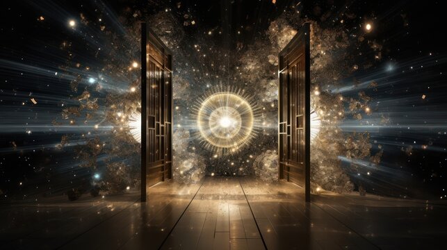Interconnected internet particle particle world, through a door, cisualization of intrnet, interconnected particle sculptures in the middle, particles , 