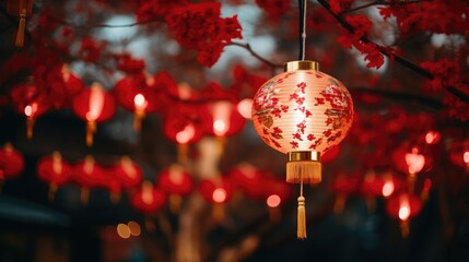 Chinese-style lantern. Red, vibrant, cultural, and festive. Shot on a Canon EOS R with a 50mm prime lens. Taken at night during the peak of festivities. 