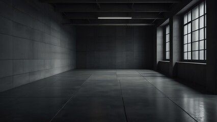 Empty dark room with tile flooring and concrete walls from Generative AI