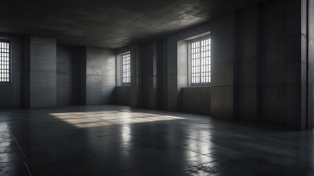 Empty dark room with tile flooring and concrete walls from Generative AI