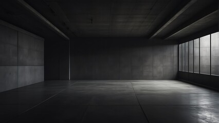 Empty black dark room with concrete flooring and concrete walls from Generative AI