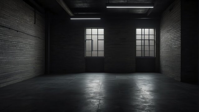 Empty black dark room with concrete flooring and brick walls from Generative AI