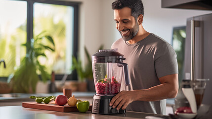 Indian man blends fruits for detox smoothie in bright kitchen. Healthy food concept