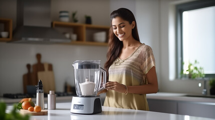 Indian young woman use blender machine in bright kitchen. Cuisine utensils. Healthy food concept