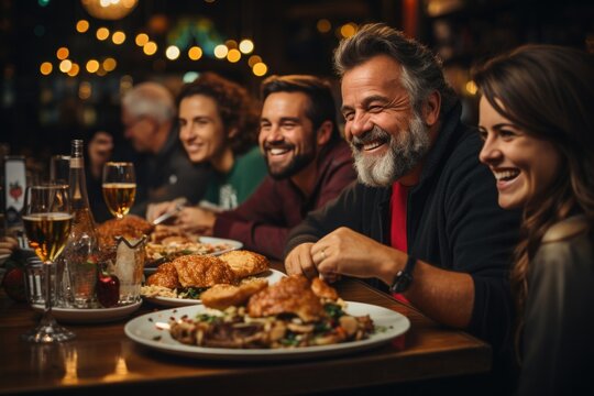 group of happy friends sitting near big table ,drinking alcohol and celebrating Christmas