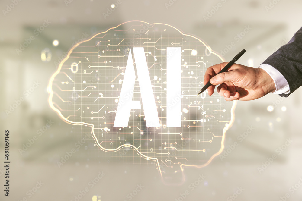 Aufkleber double exposure of man hand with pen working with creative human brain microcircuit hologram on blur