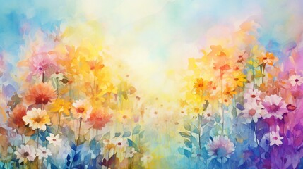 Watercolor floral concept with colorful flowers at the garden. Created with Generative AI