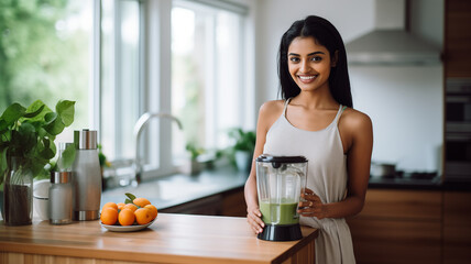 Indian young woman with blender machine made detox smoothie in bright kitchen. Healthy food concept