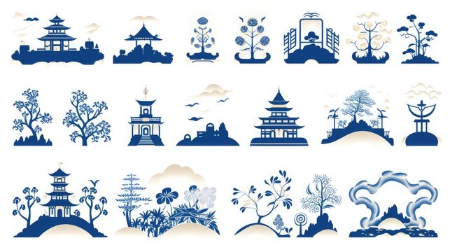 Few chinese icons on a white background, in the style of blue and gold, japanese-style landscapes, 