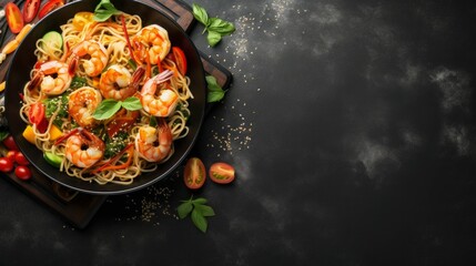 Spicy stir fried instant noodle with shrimps and thai basil leaves in black plate on dark marble ....
