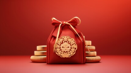 Golden lucky bag with a red background and Chinese elements, mainly in 3D red