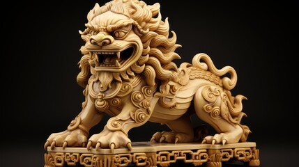 Fototapeta na wymiar Golden stone lion statue, in the style of high-contrast shading, tooth wu, decorative paintings, 