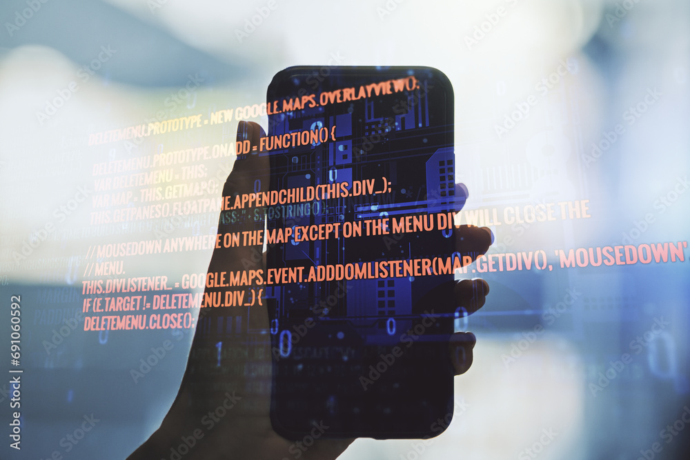 Aufkleber double exposure of abstract creative programming illustration and hand with cellphone on background,